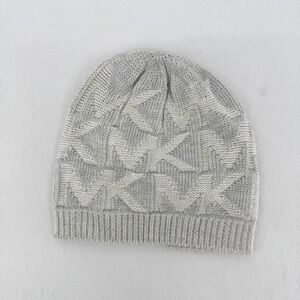 Michael Michael Kors Beanie Women OS Silver Metallic MK Logo Knit Winter Hat